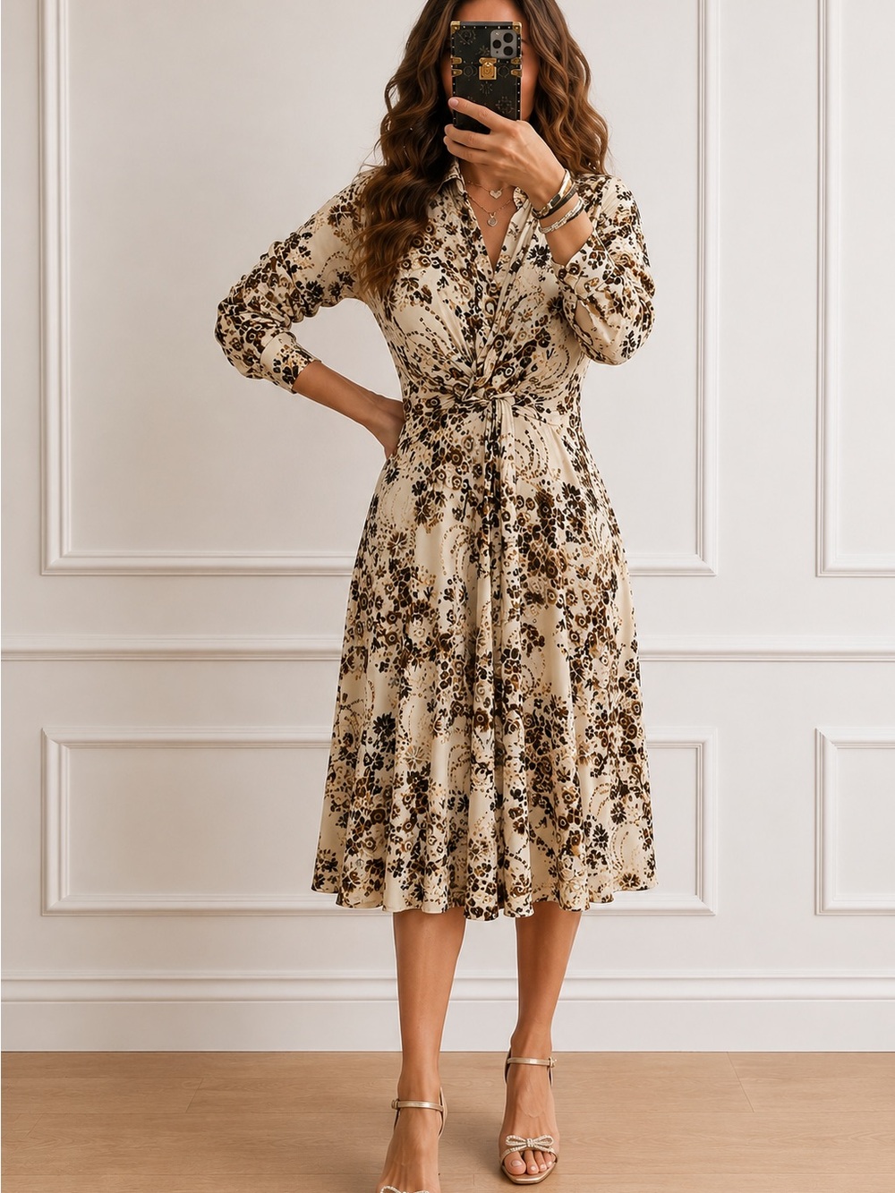 Free people dress -Floral Tie-Waist Midi Dress in Cream and Brown black